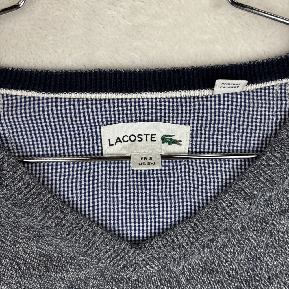 Lacoste Mens V-Neck Sweater Blue Marl Knit Crocodile Logo fits like a U.S. 2 XL